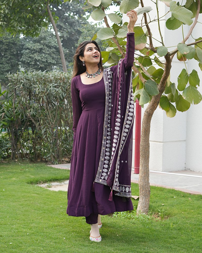 Wine Elegant Embroidered Anarkali Suit