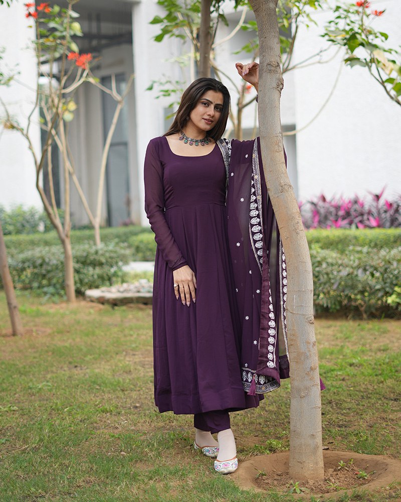 Wine Elegant Embroidered Anarkali Suit