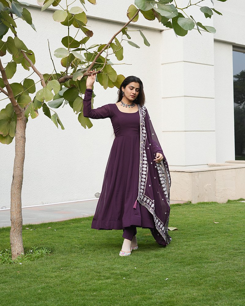 Wine Elegant Embroidered Anarkali Suit
