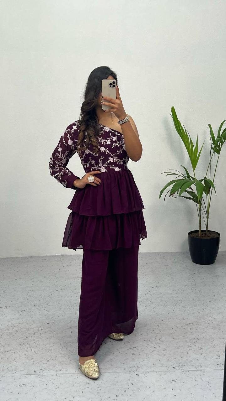 Wine Elegant Embroidered Georgette Top & Palazzo Set – Chic & Classy!