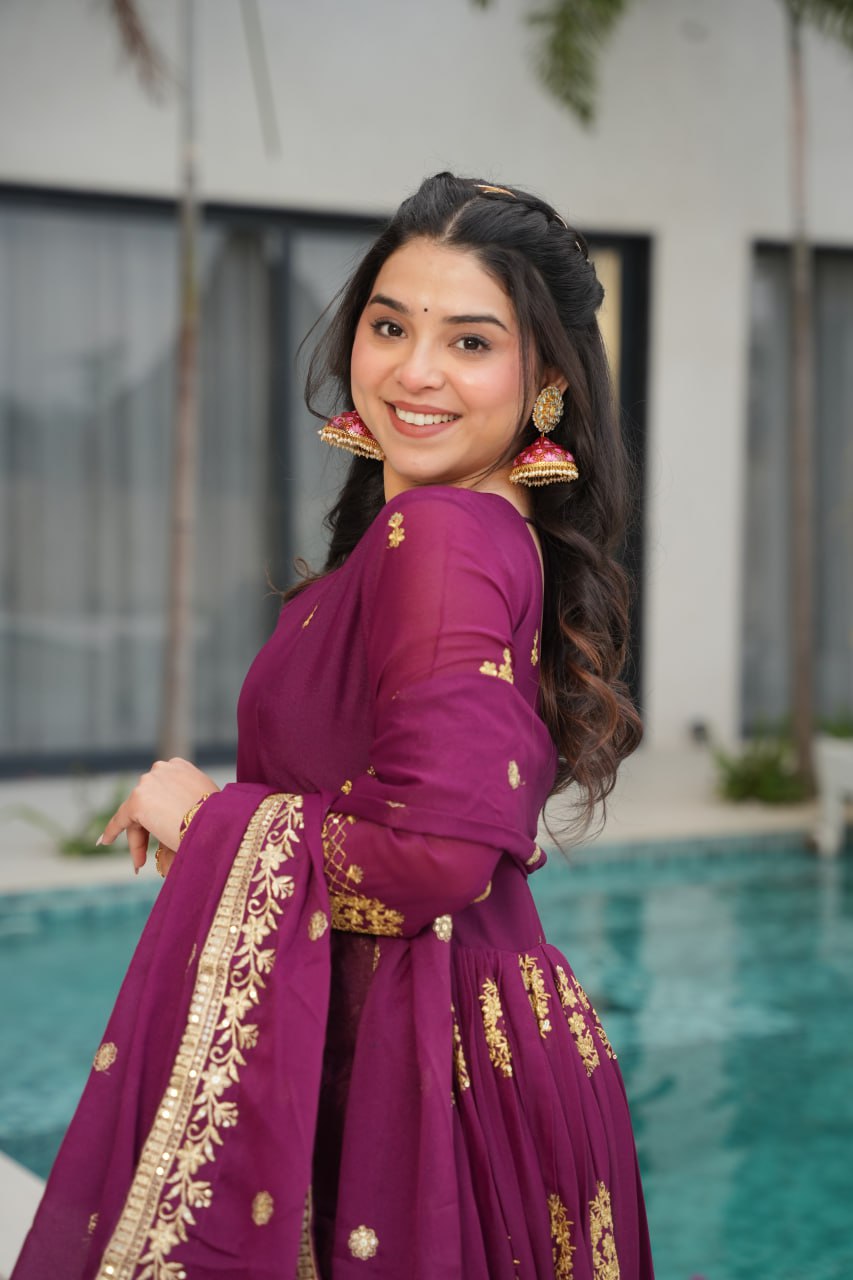 Wine Elegant Embroidered Star Georgette Gown with Dupatta – Full Sleeve, Pan Neck, Zari & Sequin Work