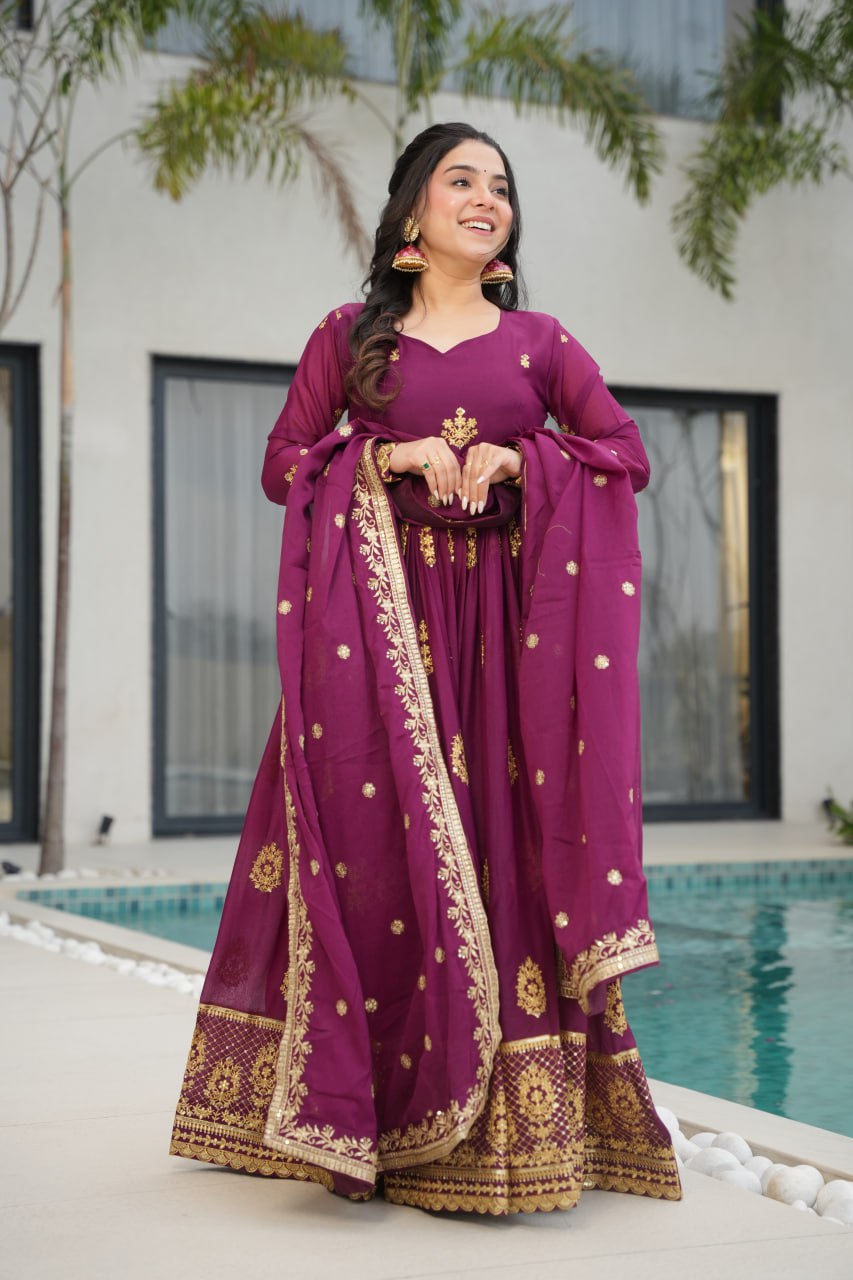 Wine Elegant Embroidered Star Georgette Gown with Dupatta – Full Sleeve, Pan Neck, Zari & Sequin Work