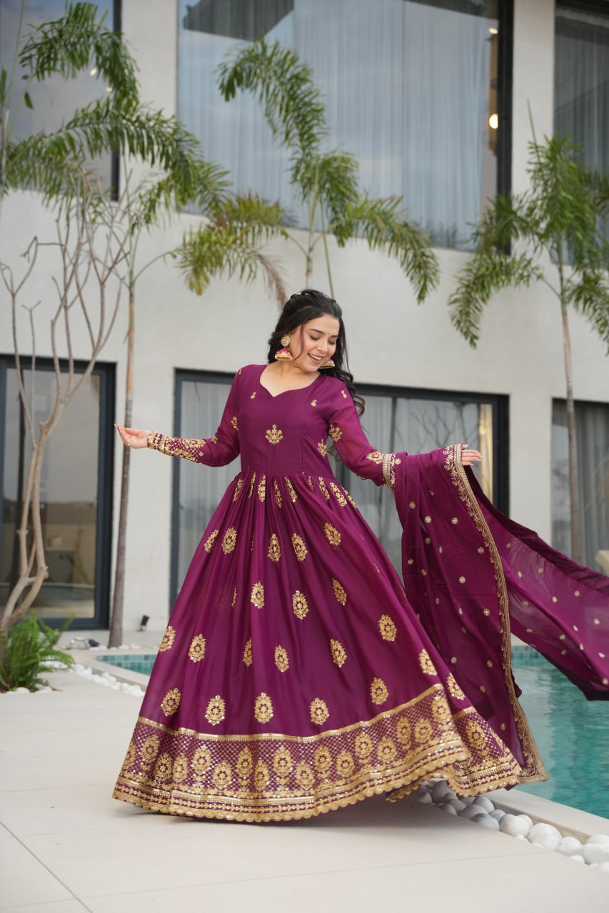 Wine Elegant Embroidered Star Georgette Gown with Dupatta – Full Sleeve, Pan Neck, Zari & Sequin Work