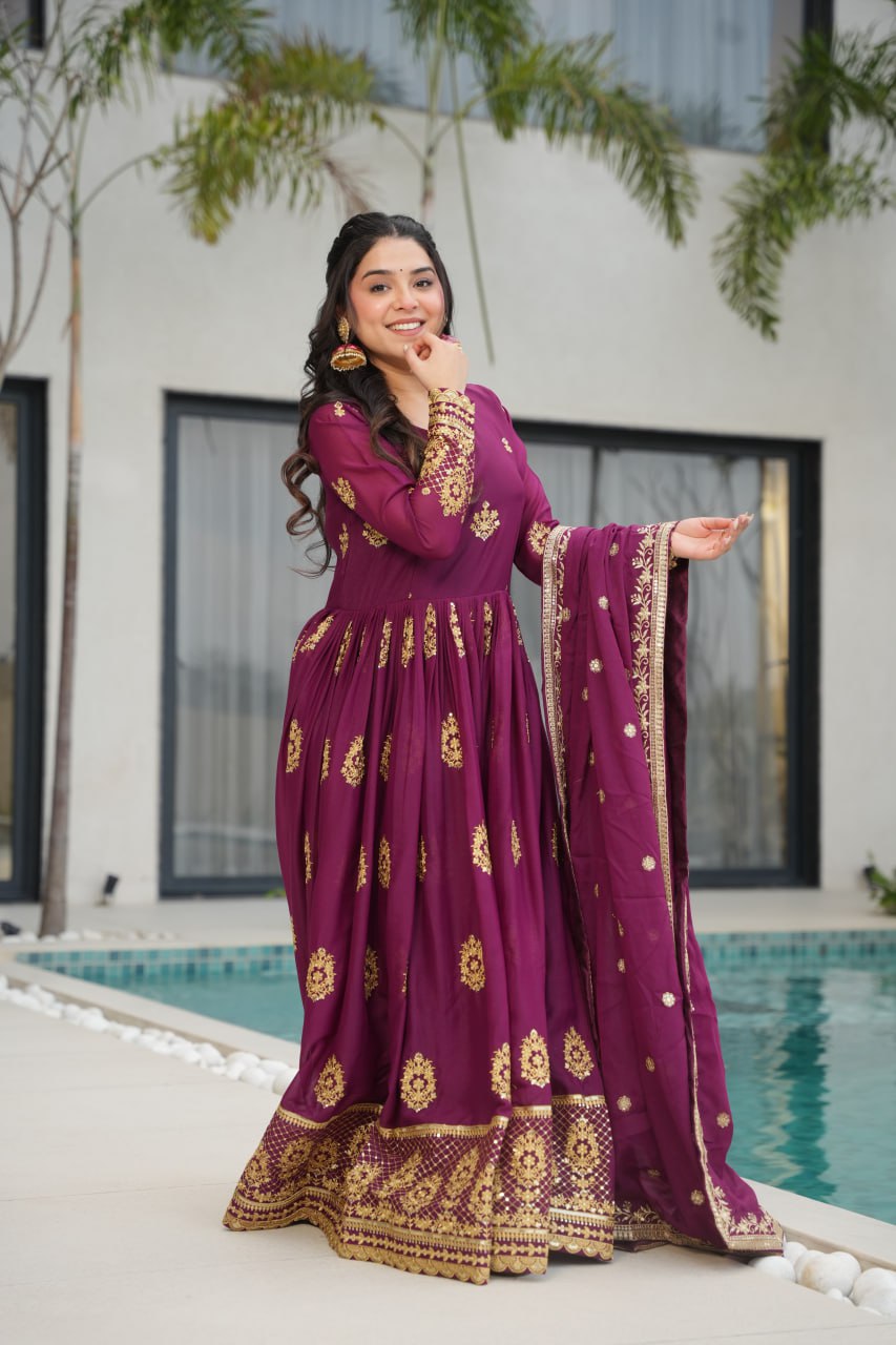 Wine Elegant Embroidered Star Georgette Gown with Dupatta – Full Sleeve, Pan Neck, Zari & Sequin Work
