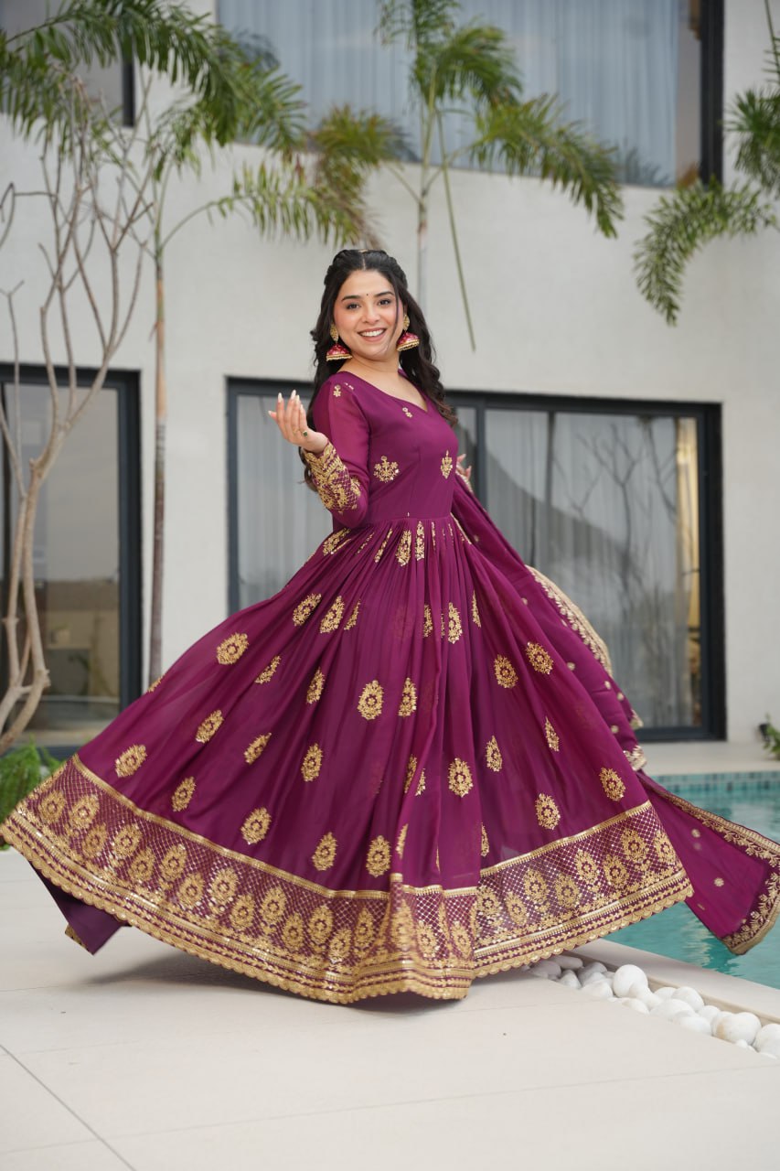 Wine Elegant Embroidered Star Georgette Gown with Dupatta – Full Sleeve, Pan Neck, Zari & Sequin Work