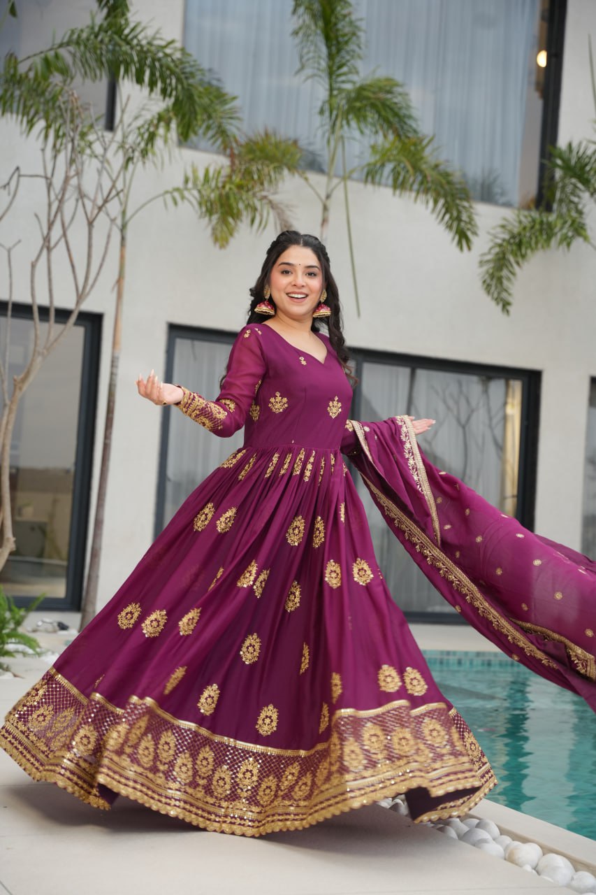 Wine Elegant Embroidered Star Georgette Gown with Dupatta – Full Sleeve, Pan Neck, Zari & Sequin Work