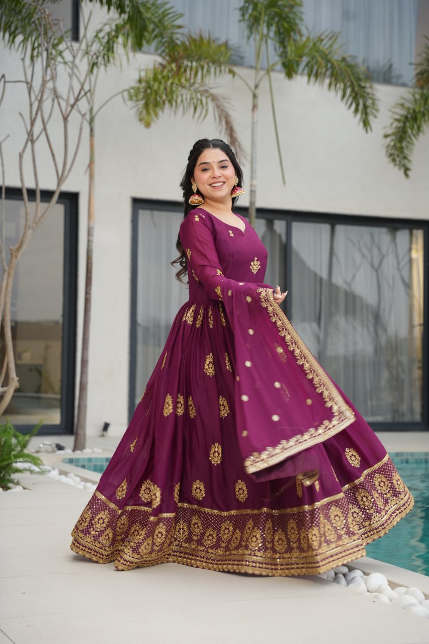 Wine Elegant Embroidered Star Georgette Gown with Dupatta – Full Sleeve, Pan Neck, Zari & Sequin Work