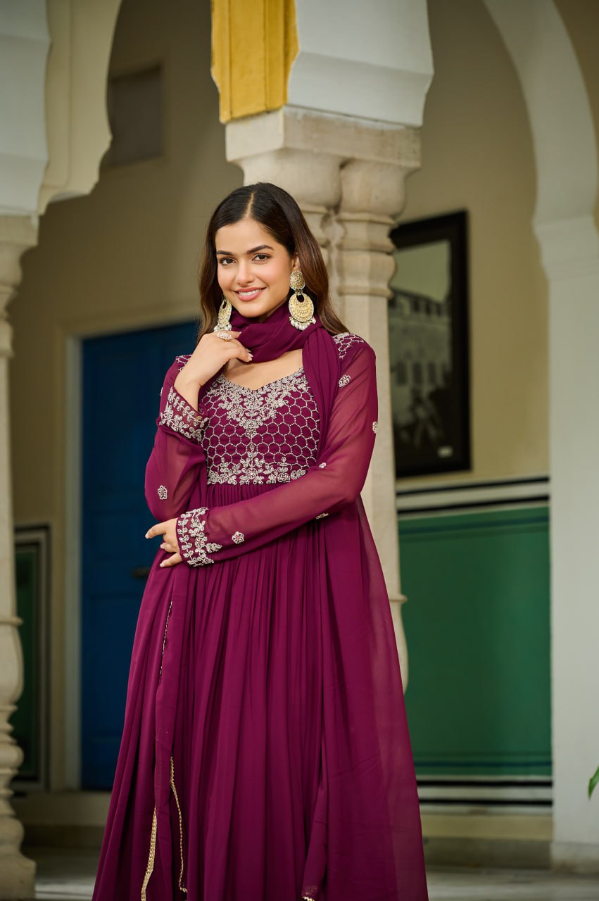 Wine Elegant Faux Blooming Gown with Bead Embroidery & Designer Lace Dupatta – Full-Sleeve Pan V-Neck Ensemble