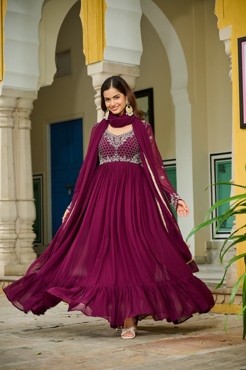 Wine Elegant Faux Blooming Gown with Bead Embroidery & Designer Lace Dupatta – Full-Sleeve Pan V-Neck Ensemble