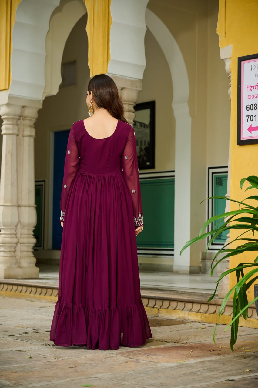 Wine Elegant Faux Blooming Gown with Bead Embroidery & Designer Lace Dupatta – Full-Sleeve Pan V-Neck Ensemble