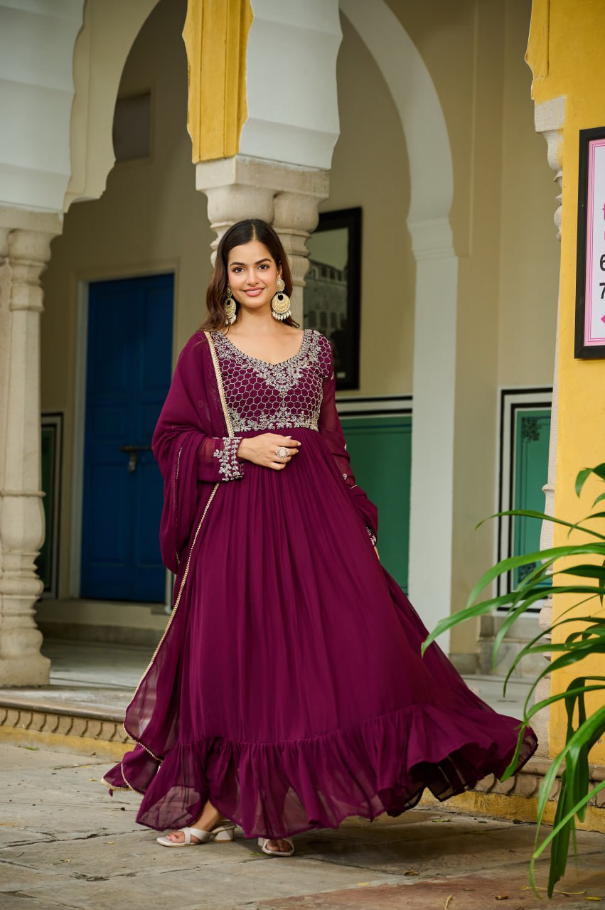 Wine Elegant Faux Blooming Gown with Bead Embroidery & Designer Lace Dupatta – Full-Sleeve Pan V-Neck Ensemble