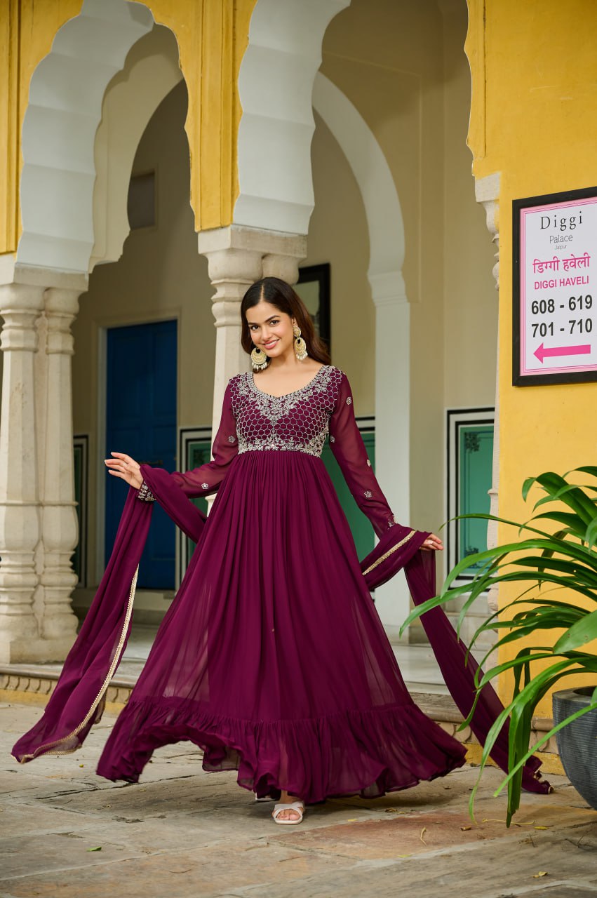 Wine Elegant Faux Blooming Gown with Bead Embroidery & Designer Lace Dupatta – Full-Sleeve Pan V-Neck Ensemble