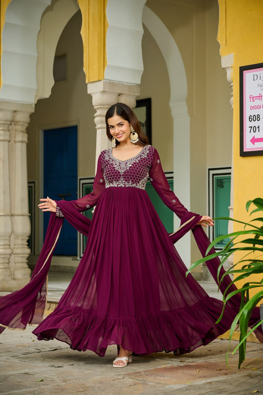 Wine Elegant Faux Blooming Gown with Bead Embroidery & Designer Lace Dupatta – Full-Sleeve Pan V-Neck Ensemble