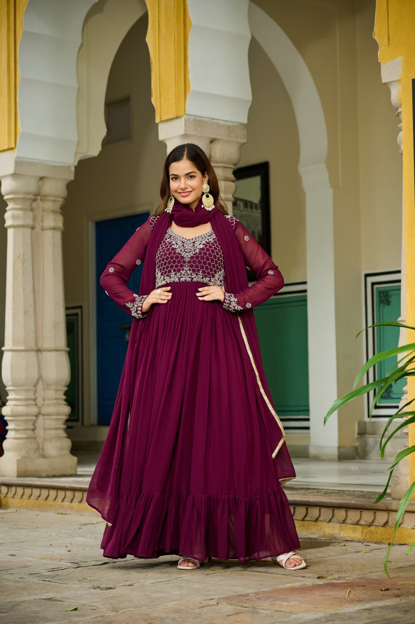 Wine Elegant Faux Blooming Gown with Bead Embroidery & Designer Lace Dupatta – Full-Sleeve Pan V-Neck Ensemble