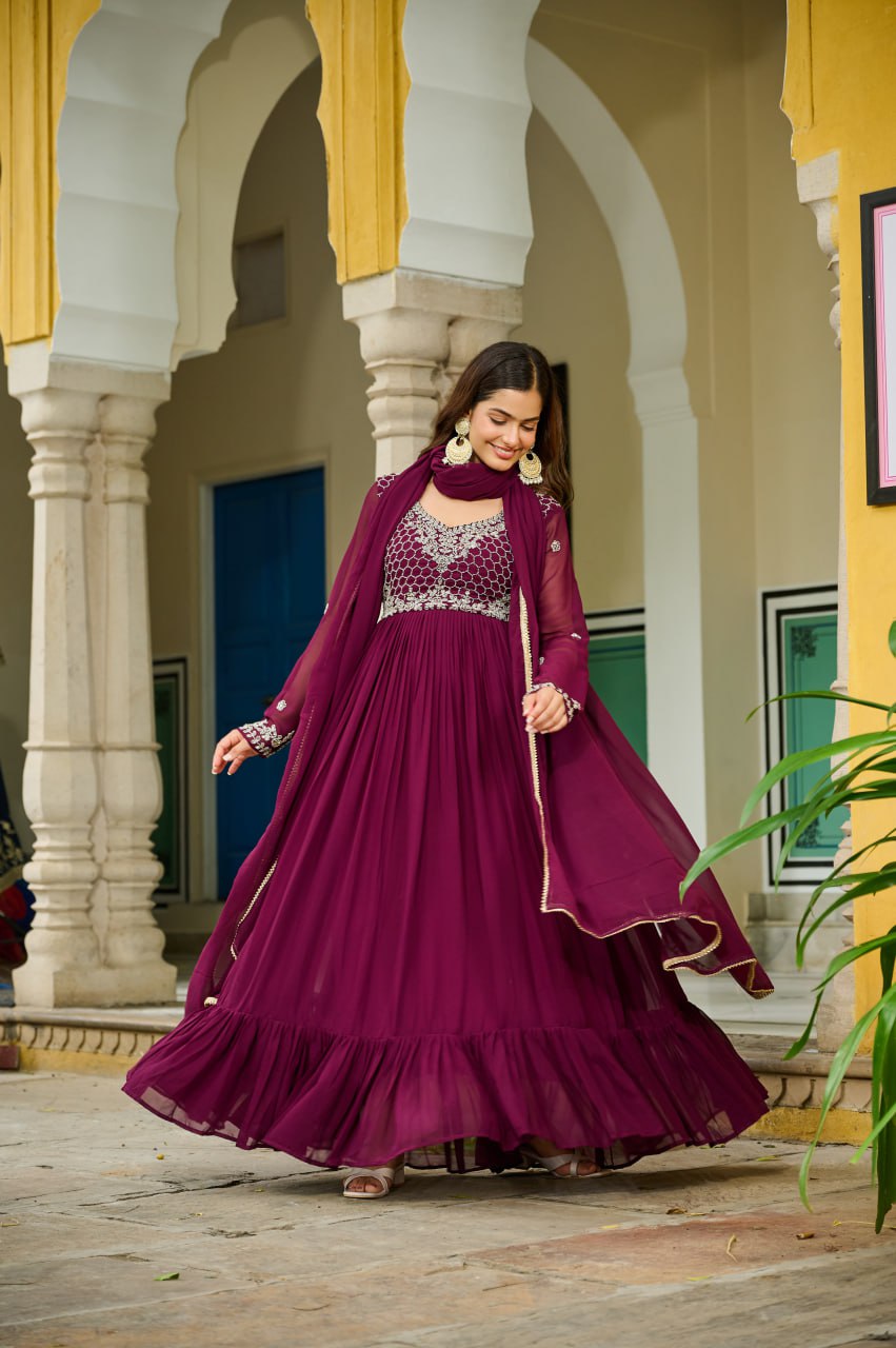 Wine Elegant Faux Blooming Gown with Bead Embroidery & Designer Lace Dupatta – Full-Sleeve Pan V-Neck Ensemble