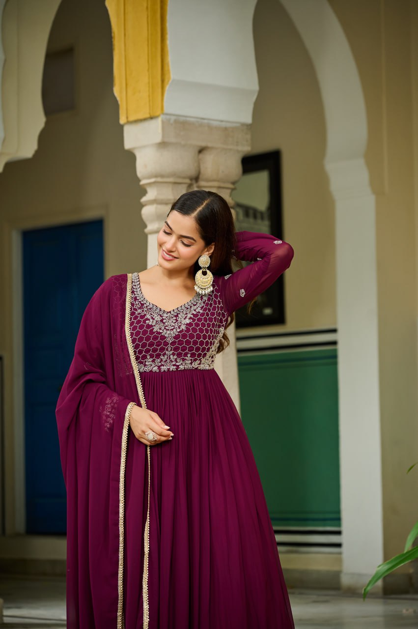 Wine Elegant Faux Blooming Gown with Bead Embroidery & Designer Lace Dupatta – Full-Sleeve Pan V-Neck Ensemble
