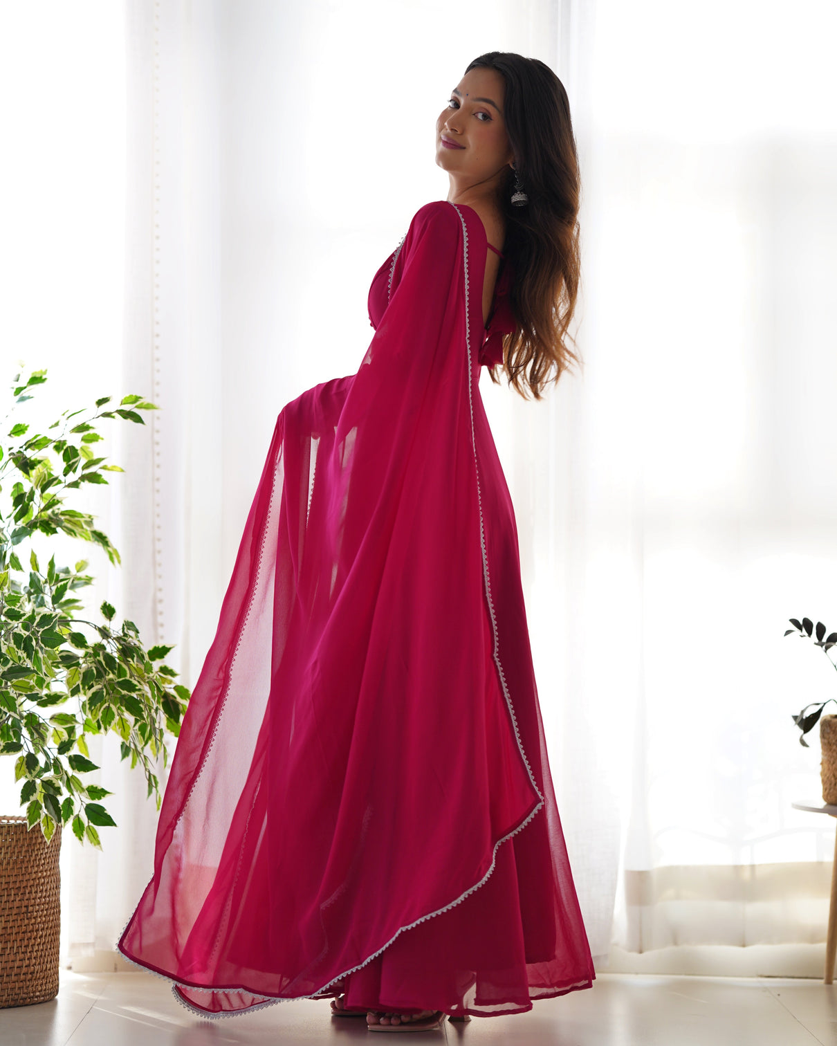 Dark Pink Elegant Georgette Anarkali Gown Set with Dupatta & Pants - Ready to Wear