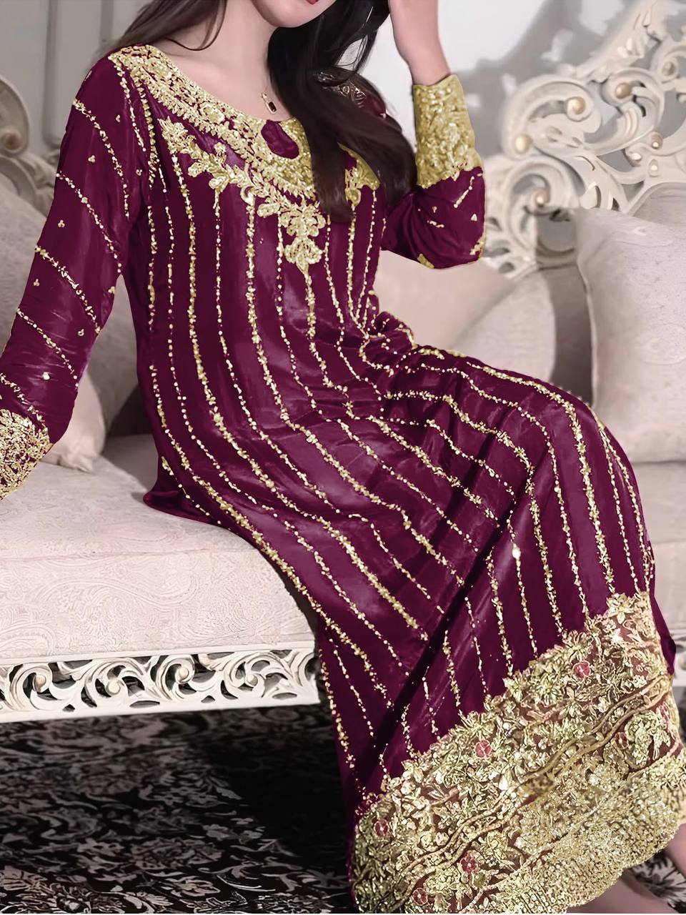 Wine Elegant Heavy Chinon Silk Embroidered Palazzo Set with Rivet Moti & 5mm Sequin Work – Fully Stitched with Dupatta