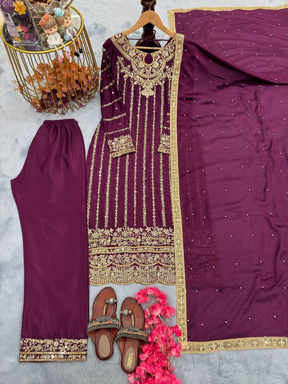 Wine Elegant Heavy Chinon Silk Embroidered Palazzo Set with Rivet Moti & 5mm Sequin Work – Fully Stitched with Dupatta