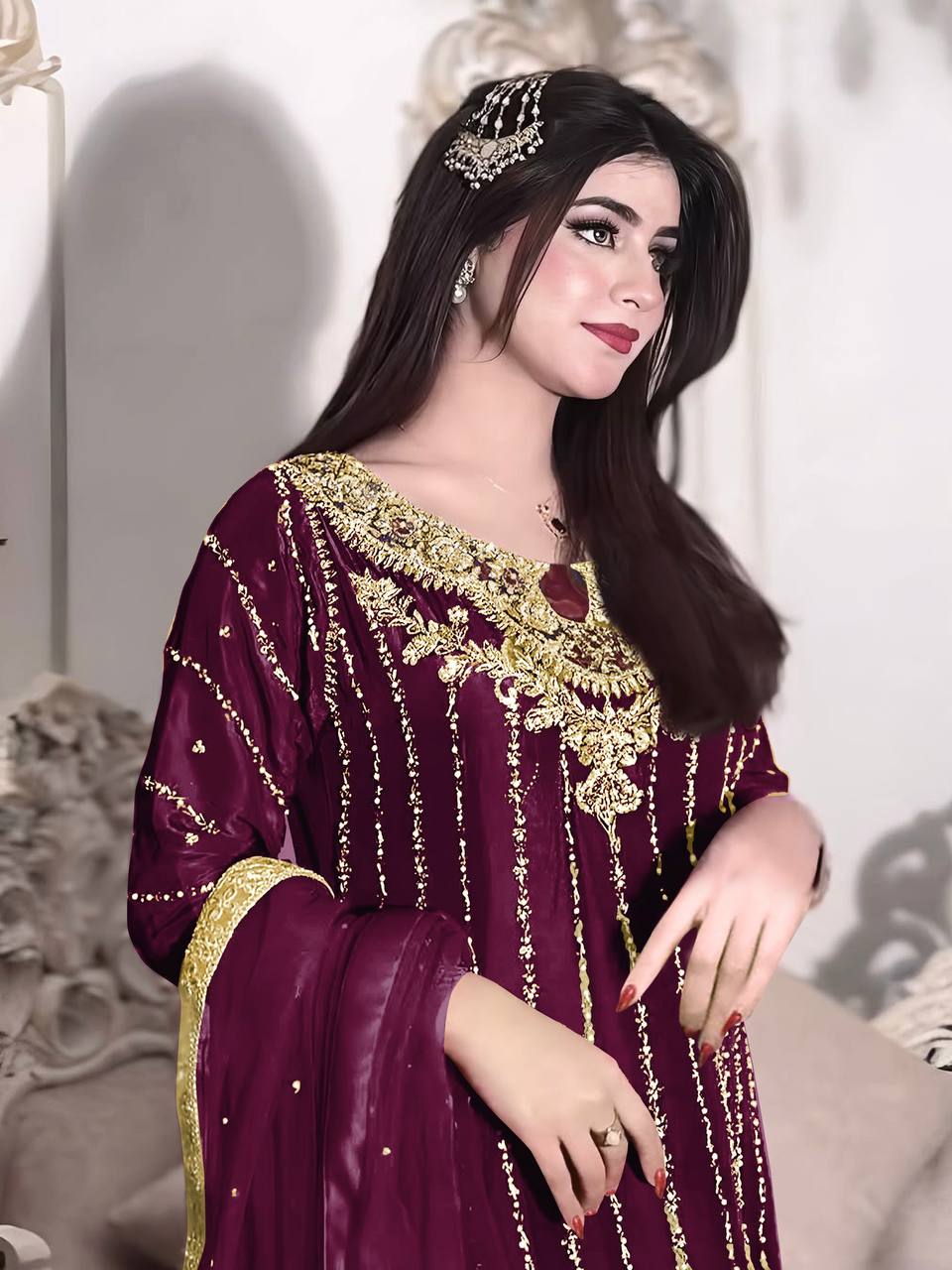 Wine Elegant Heavy Chinon Silk Embroidered Palazzo Set with Rivet Moti & 5mm Sequin Work – Fully Stitched with Dupatta