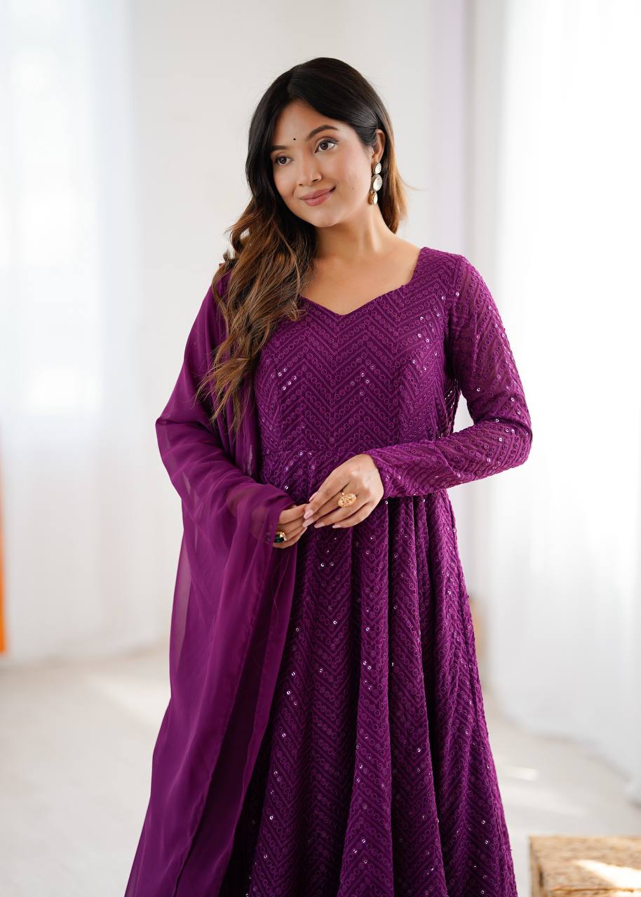 Wine Elegant Lucknowi Sequence Anarkali Set with Dupatta & Pant – Fully Stitched