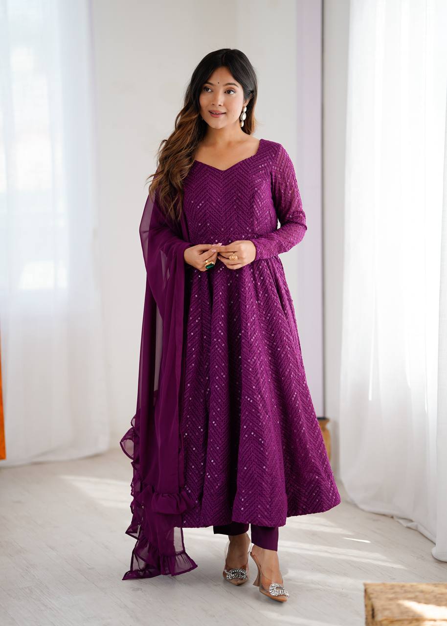 Wine Elegant Lucknowi Sequence Anarkali Set with Dupatta & Pant – Fully Stitched