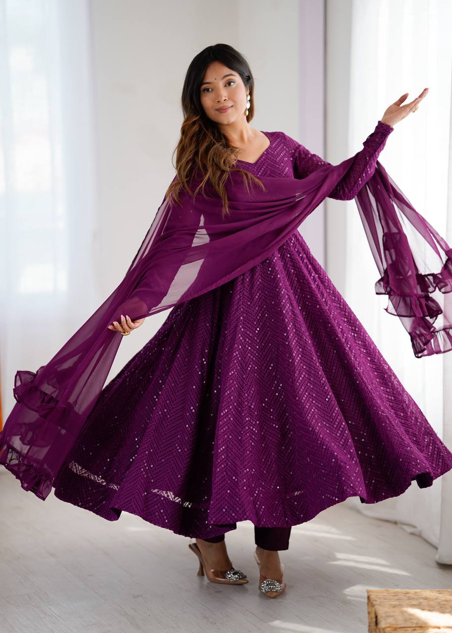 Wine Elegant Lucknowi Sequence Anarkali Set with Dupatta & Pant – Fully Stitched