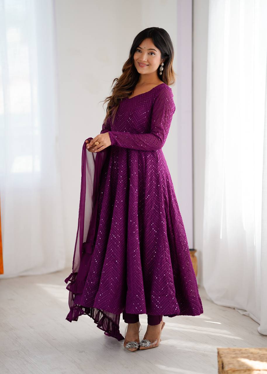 Wine Elegant Lucknowi Sequence Anarkali Set with Dupatta & Pant – Fully Stitched