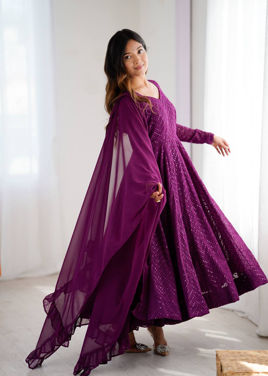 Wine Elegant Lucknowi Sequence Anarkali Set with Dupatta & Pant – Fully Stitched