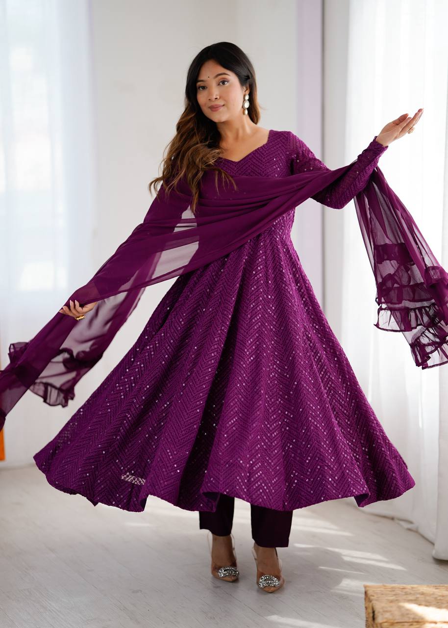 Wine Elegant Lucknowi Sequence Anarkali Set with Dupatta & Pant – Fully Stitched