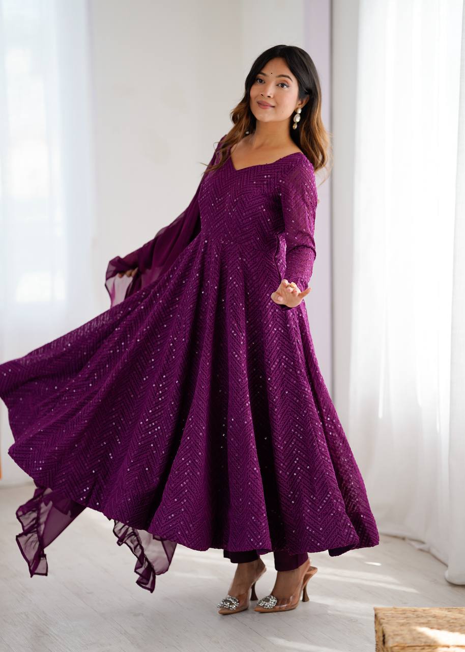 Wine Elegant Lucknowi Sequence Anarkali Set with Dupatta & Pant – Fully Stitched