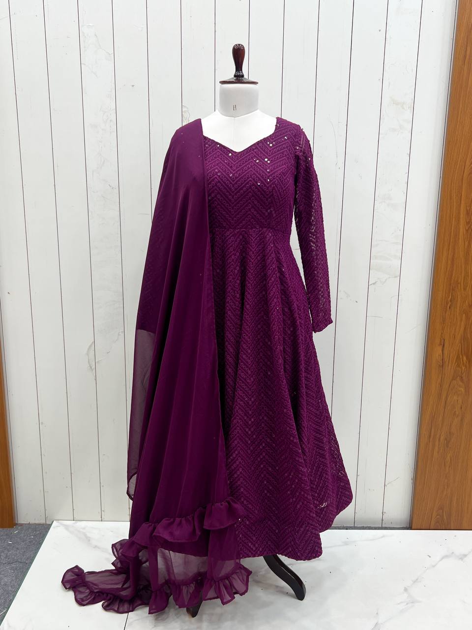 Wine Elegant Lucknowi Sequence Anarkali Set with Dupatta & Pant – Fully Stitched