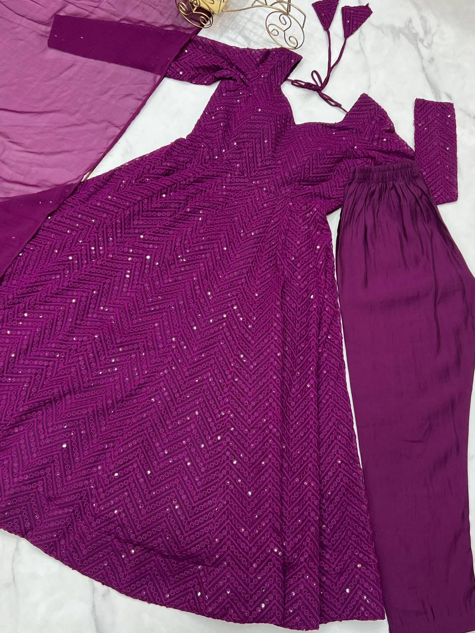 Wine Elegant Lucknowi Sequence Anarkali Set with Dupatta & Pant – Fully Stitched