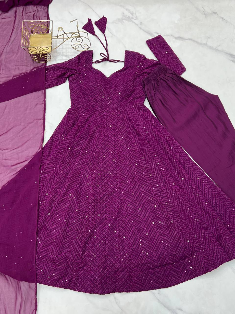 Wine Elegant Lucknowi Sequence Anarkali Set with Dupatta & Pant – Fully Stitched