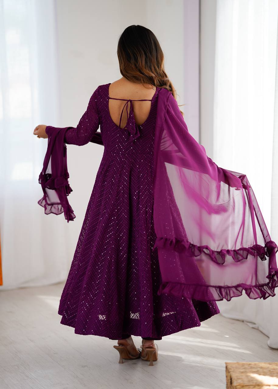 Wine Elegant Lucknowi Sequence Anarkali Set with Dupatta & Pant – Fully Stitched