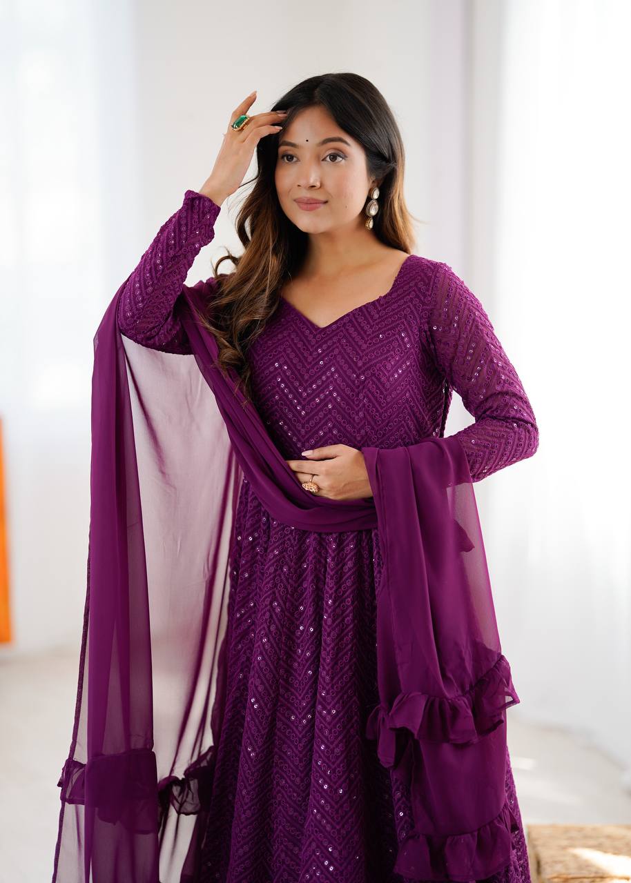 Wine Elegant Lucknowi Sequence Anarkali Set with Dupatta & Pant – Fully Stitched