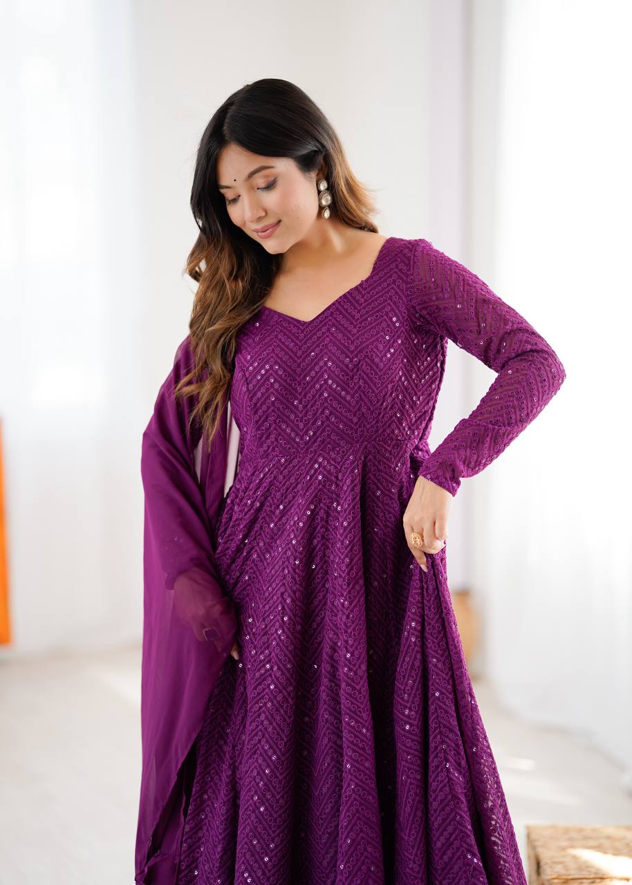Wine Elegant Lucknowi Sequence Anarkali Set with Dupatta & Pant – Fully Stitched