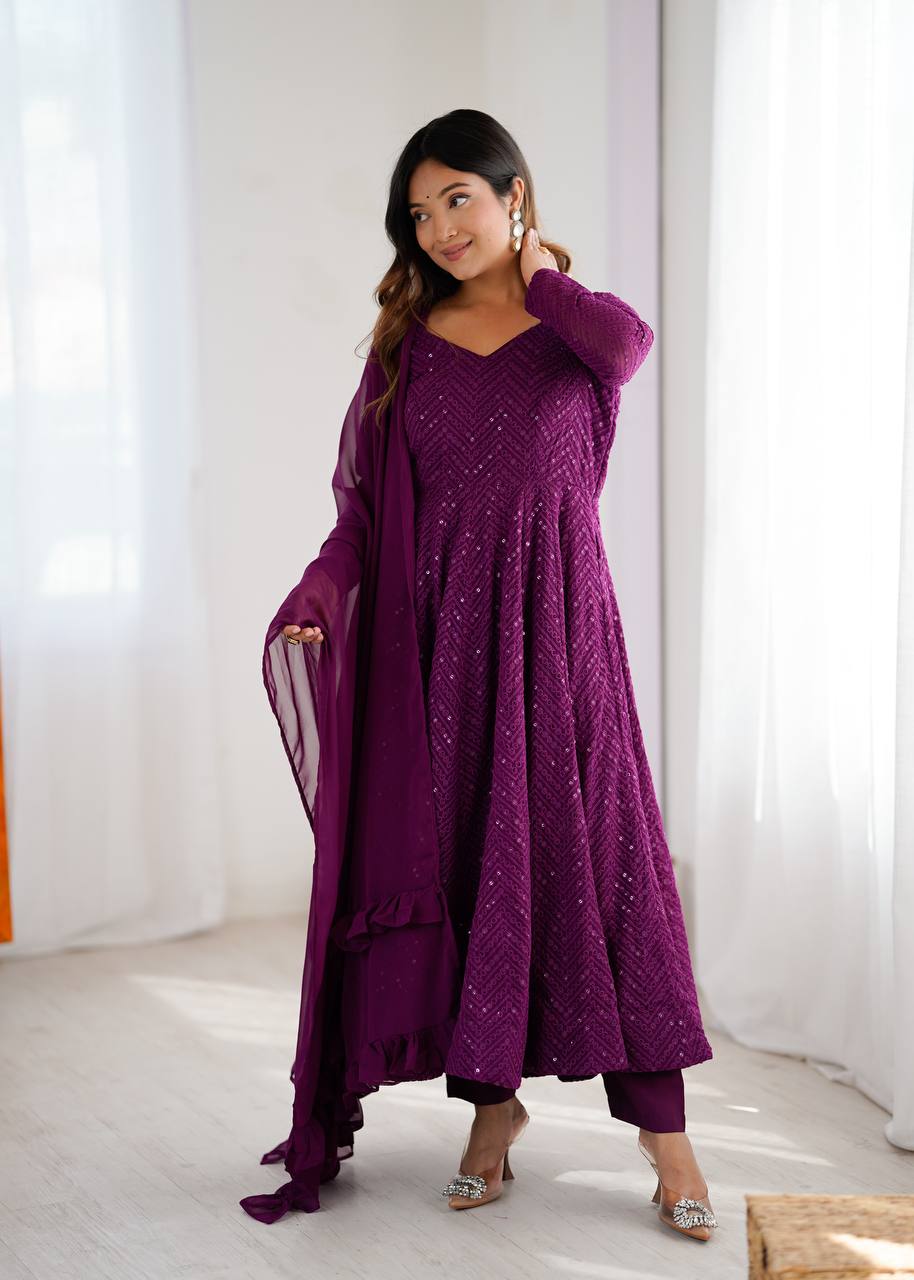 Wine Elegant Lucknowi Sequence Anarkali Set with Dupatta & Pant – Fully Stitched
