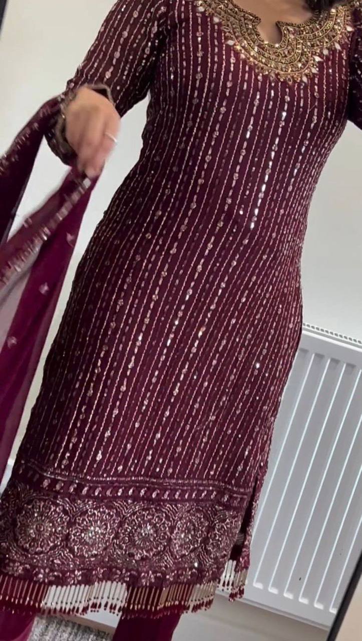 Wine Elegant Mirror Work Co-Ord Set