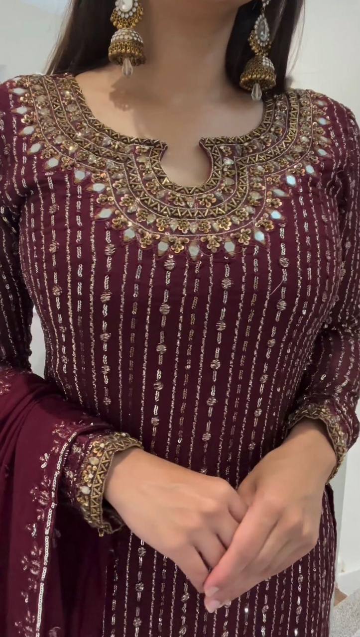 Wine Elegant Mirror Work Co-Ord Set
