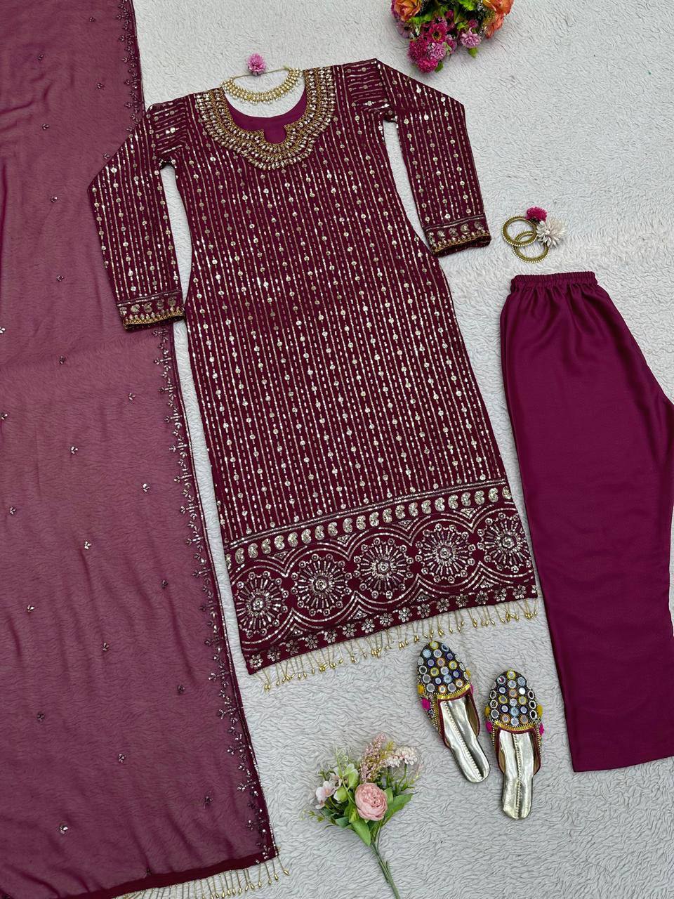 Wine Elegant Mirror Work Co-Ord Set