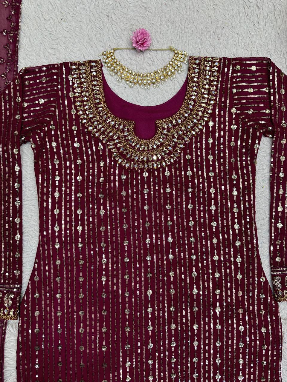 Wine Elegant Mirror Work Co-Ord Set