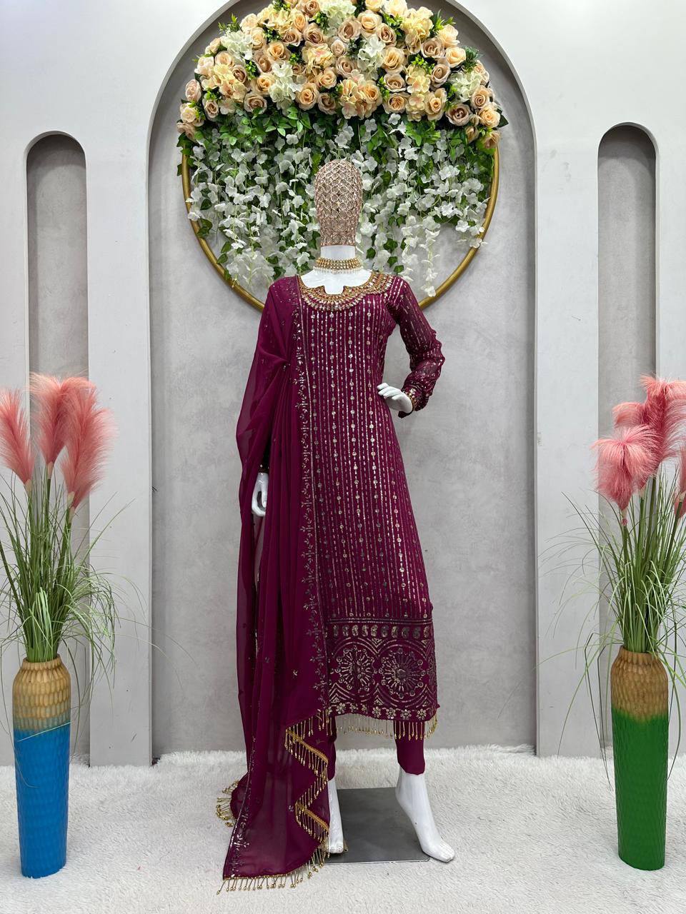 Wine Elegant Mirror Work Co-Ord Set