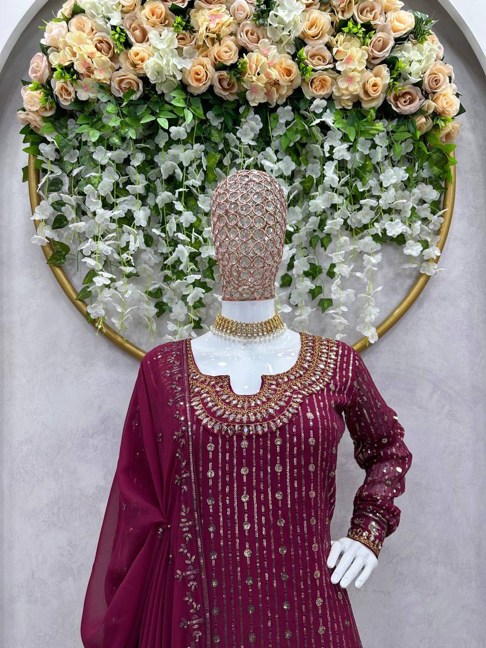 Wine Elegant Mirror Work Co-Ord Set