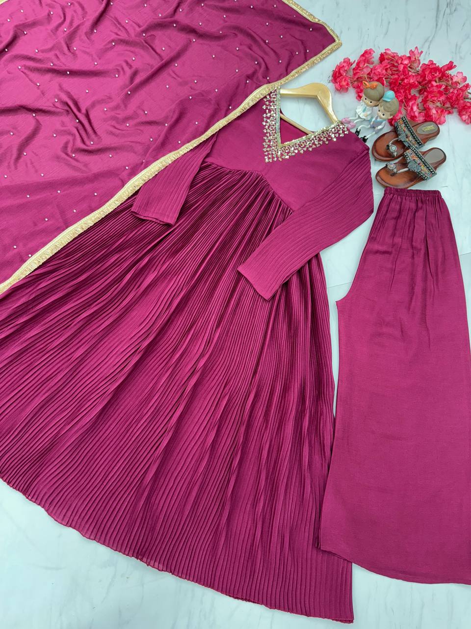 Wine Elegant Party Wear Alia Cut Anarkali Gown Set with Dupatta & Bottom