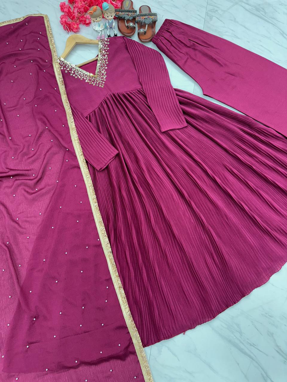 Wine Elegant Party Wear Alia Cut Anarkali Gown Set with Dupatta & Bottom