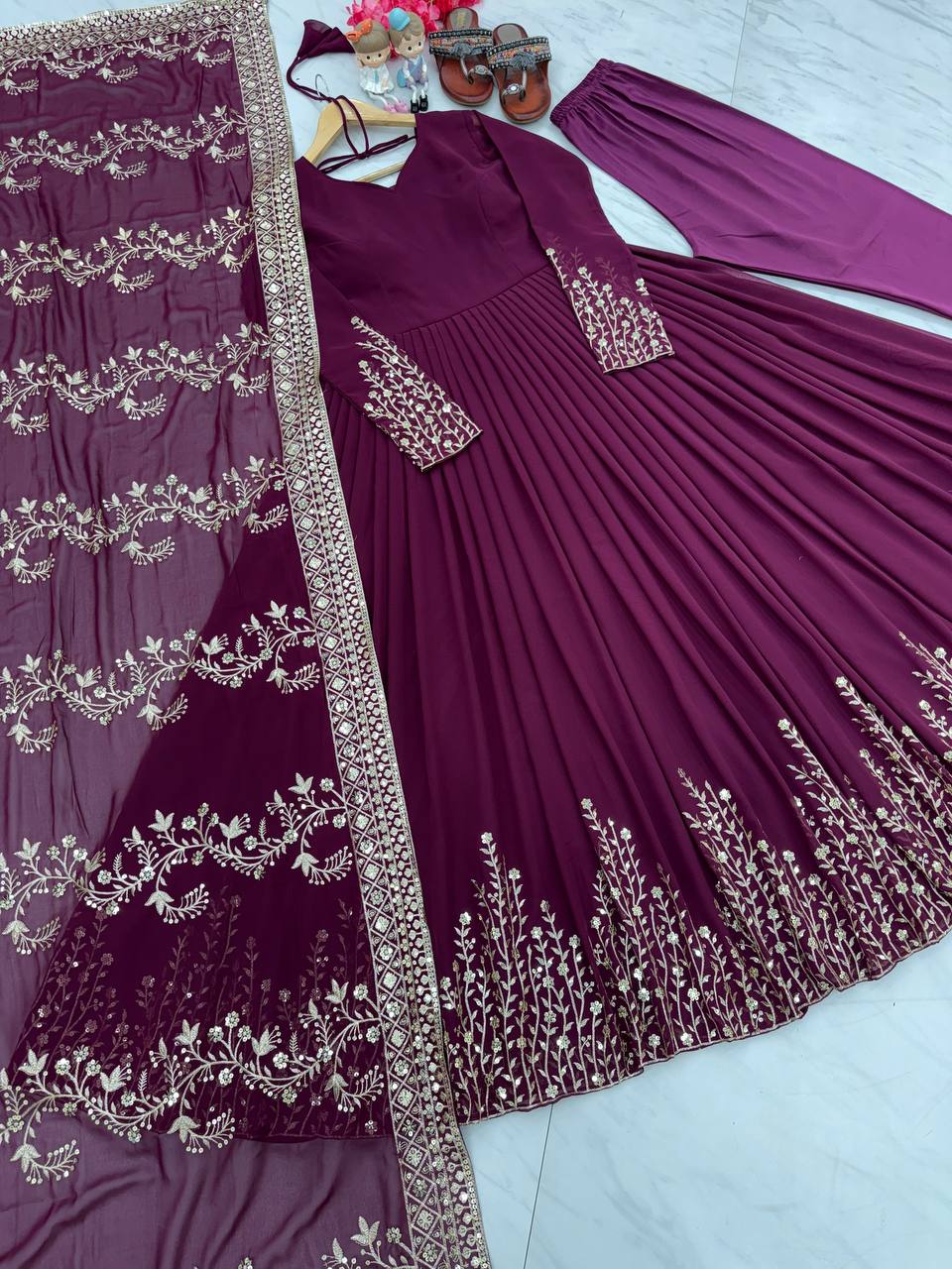 Wine Elegant Party Wear Gown Set with Dupatta & Bottom - Heavy Faux Georgette Embroidered Ensemble