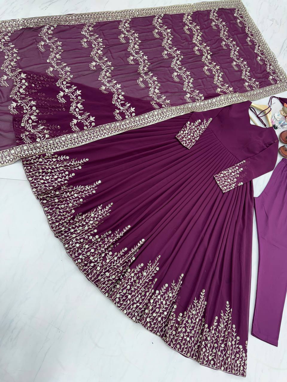 Wine Elegant Party Wear Gown Set with Dupatta & Bottom - Heavy Faux Georgette Embroidered Ensemble