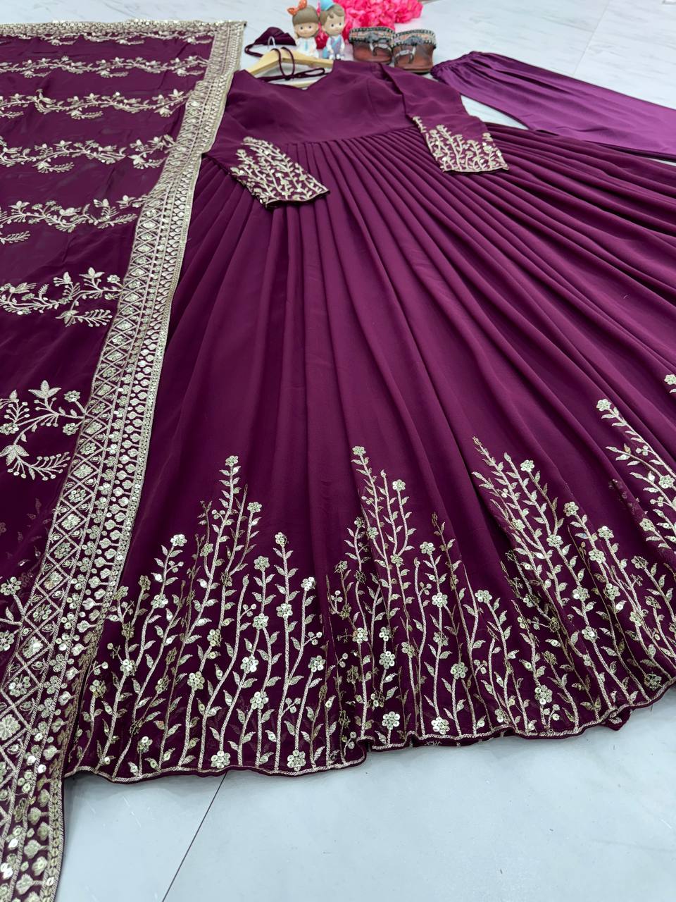 Wine Elegant Party Wear Gown Set with Dupatta & Bottom - Heavy Faux Georgette Embroidered Ensemble