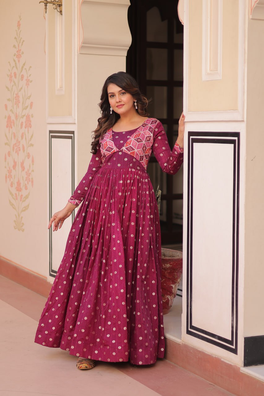 Wine Elegant Staple Jacquard Weaving Gown with Position Print Choli